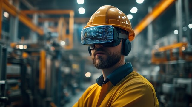 A worker wearing safety gear is utilizing augmented reality technology in a cuttingedge industrial setting