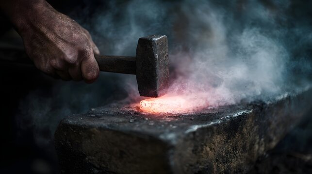 A blacksmith s hand wields a hammer striking glowing hot iron on an anvil producing smoke