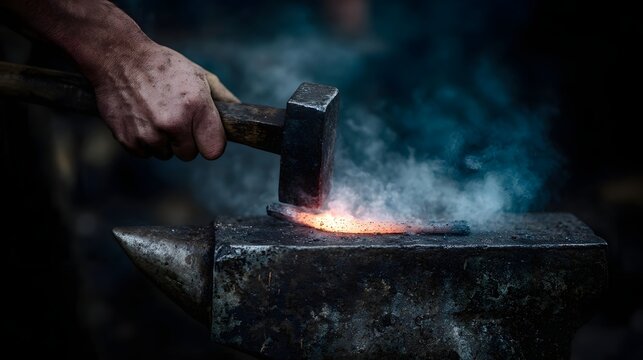 A blacksmith s hand hammers a glowing horseshoe on a rustic anvil creating sparks and smoke in a traditional forge - Powered by Adobe