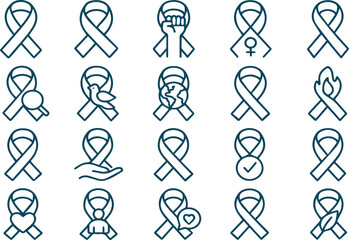 Collection of awareness ribbon icons isolated on white background includes symbols for various causes such as cancer, human rights, and environmental protection
