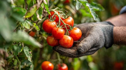 Farmer's hand gently holding ripe red tomatoes freshly picked from the vine, showcasing organic harvest bounty.