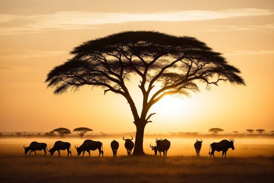 Afrikanische Landschaft mit Akazienbaum und Gnus bei Sonnenuntergang