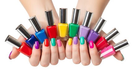 Closeup of a womans hands holding an assortment of colorful nail polish bottles, showcasing a variety of vibrant shades and manicured nails isolated on white background