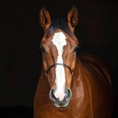 Obraz premium A beautiful brown horse facing forward against a dark background