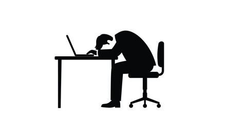 Silhouette of a person slumped over a laptop at a desk