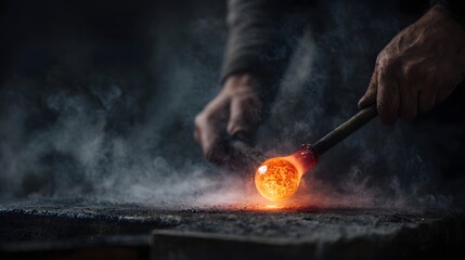 Glassblower skillfully shaping incandescent molten glass with a blowpipe in a dark smoky workshop