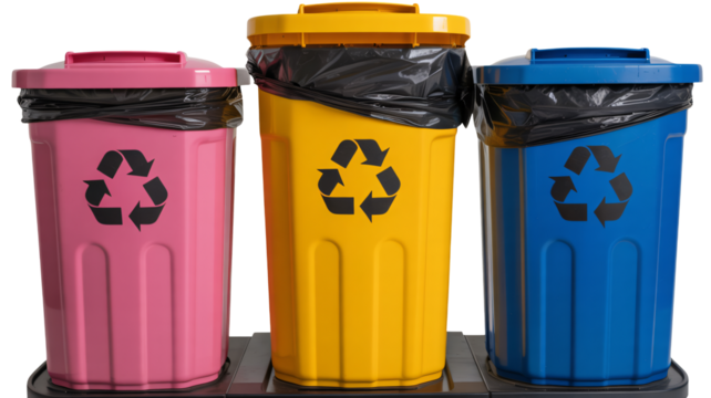 Brightly colored recycling bins in pink yellow and blue stand ready to sort waste promoting eco friendly habits for a cleaner planet