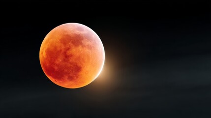 Red moon is in the sky. The moon is surrounded by a dark background. The moon is the main focus of the image
