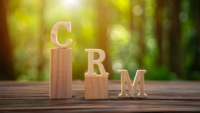 Customer Relationship Management concept with wooden letters on a wooden background in a sunlit forest setting