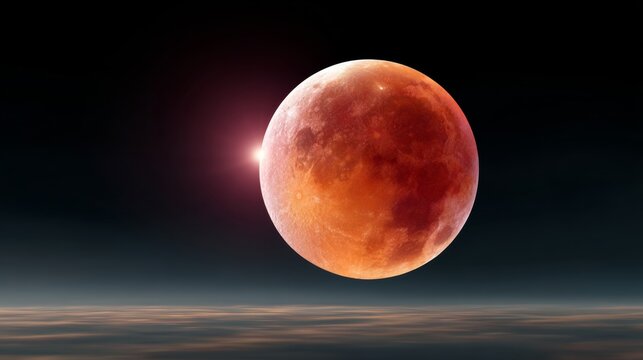 Red moon is in the sky. The moon is surrounded by a dark background. The moon is the main focus of the image - Powered by Adobe