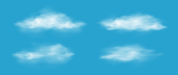 Realistic isolated cloud on transparent background. Vector set of realistic isolated fluffy cloud. Illustration of different types of cirrus and cumulus clouds. Vector.