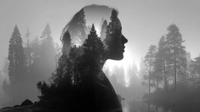 backlit portrait viewed from behind, shrouded in mist, evoking anonymity, mystery, and introspection with soft light and atmospheric depth