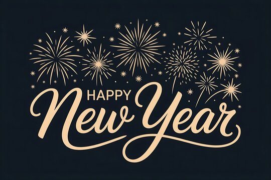 Happy new year golden lettering with fireworks on dark blue background