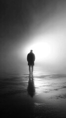 Fototapeta premium backlit portrait viewed from behind, shrouded in mist, evoking anonymity, mystery, and introspection with soft light and atmospheric depth