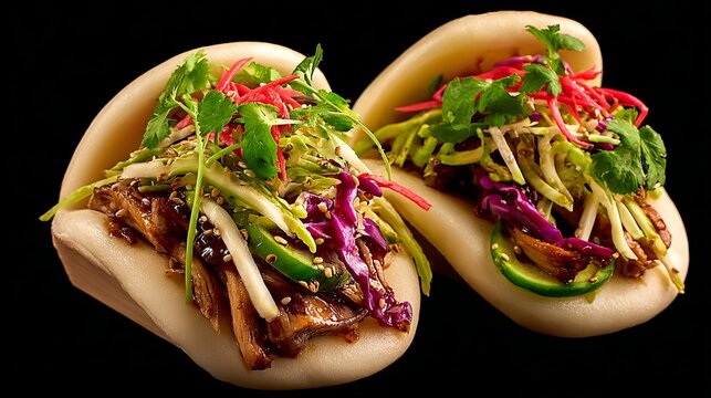 Delicious savory bao buns overflowing with tender pulled pork and vibrant fresh slaw, a perfect gourmet street food experience