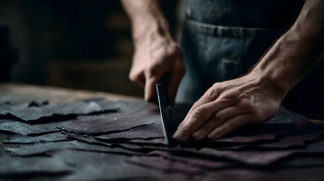 Artisan hands carefully cut dark leather pieces with a knife on a wooden workshop table