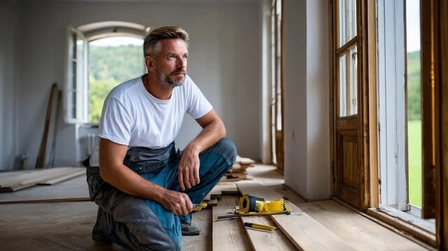 A man in a white t-shirt kneels on new wooden floorboards inside a sunlit room, surrounded by tools during a renovation.