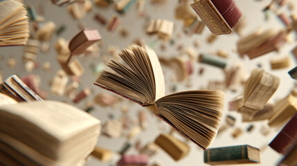 books floating in circular motion mid-air. Symbolizes knowledge, learning, creativity, imagination, education, innovation, and intellectual energy in dynamic motion.