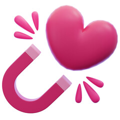 The magnetic force of love personified in a 3D icon, with a horseshoe magnet pulling a shiny pink heart, illustrating concepts of desire and affection