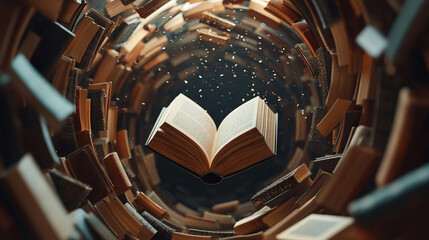 books floating in circular motion mid-air. Symbolizes knowledge, learning, creativity, imagination, education, innovation, and intellectual energy in dynamic motion.