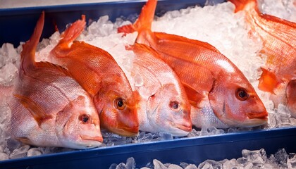 whole red fish lined on crushed ice on a market counter ready for sale