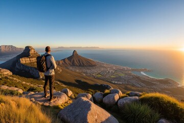 Fototapeta premium Wanderer auf dem Tafelberg mit Blick auf Kapstadt und die Bucht bei Sonnenuntergang