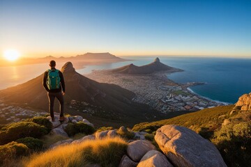 Naklejka premium Wanderer auf dem Tafelberg mit Blick auf Kapstadt und die Bucht bei Sonnenuntergang