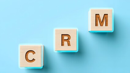 Wooden Blocks Spelling CRM Illustrating Customer Relationship Management Strategy and Business Solutions on a Blue Background