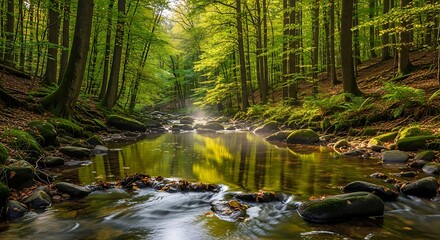 Obraz premium Sunlit Forest Stream with Autumn Calm.