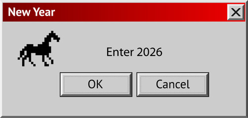 2026 New Year themed dialogue box with blue dragon. Abstract vaporwave, y2k aesthetics window with 90s style system message