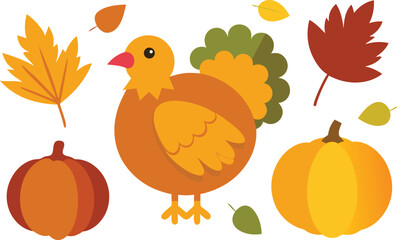 Happy thanksgiving day vector bundle featuring cute turkey pumpkins and autumn leaves illustration
