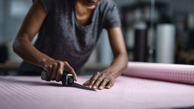 Close up of hands using a rotary cutter to precisely cut pink checkered fabric in a sewing workshop - Powered by Adobe