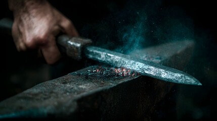 Blacksmith hammers glowing hot metal on an anvil creating sparks and smoke