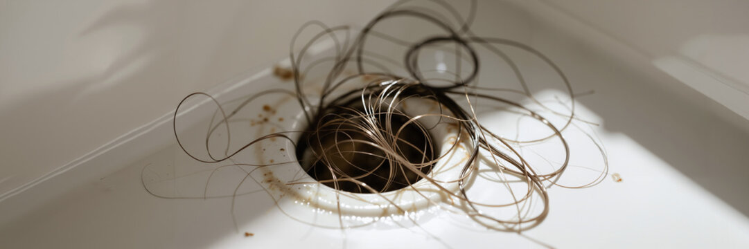 Clogged bathtub drain filled with tangled hair and debris  