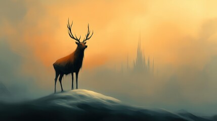 Fototapeta premium A majestic stag stands atop a hill against a misty backdrop of an ethereal castle and warm-hued sky, evoking a sense of wonder, Ideal for fantasy art, wildlife themes, or mystical storytelling,