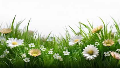 green grass and flowers on white background spring season