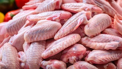 pile of raw pink chicken wings and drumettes closely packed on a market or counter