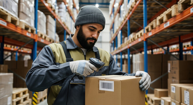 Warehouse worker scanning barcode on cardboard box