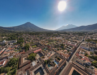 Streets of Antigua seen from the air with the Agua Volcano in the background