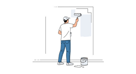 Painting interior walls diy project home improvement with roller and paint bucket for renovation project