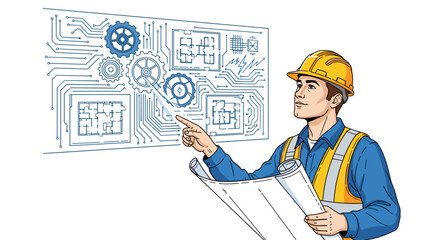Engineer reviewing blueprint construction building plan architecture design project development innovation process