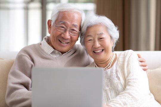 Loving elderly couple enjoys a cozy evening together while video chatting at home