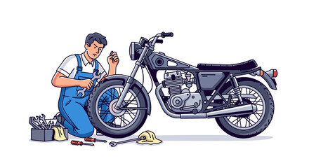 Motorcycle repair service professional mechanic fixing motorbike engine tuning and maintenance workshop garage expert