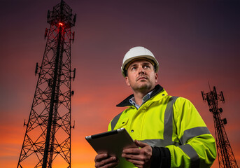Telecom engineer inspecting 5g cell tower at sunset