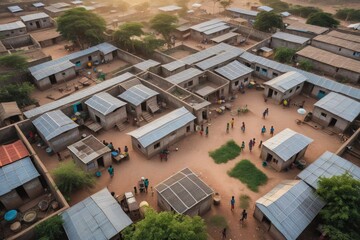 Fototapeta premium Ländliche Siedlung in Afrika mit modernen Hütten und einer Gemeinschaft in der Mitte