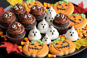 A festive platter of Halloween-themed treats. Includes chocolate cupcakes with ghostly eyes, white meringue ghosts, and pumpkin-shaped cookies. Bright autumn leaves and candy corn surround the dessert