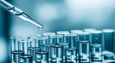 Closeup of pipette dropping liquid into test tubes in a laboratory