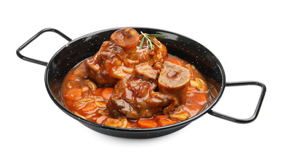 Tasty beef ossobuco with carrot, mushrooms and rosemary in frying pan isolated on white
