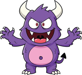 Cute cartoon purple monster character with horns, angry expression, fantasy creature, vector illustration