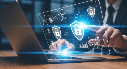 Cybersecurity expert using laptop with digital shield and lock icons overlayed